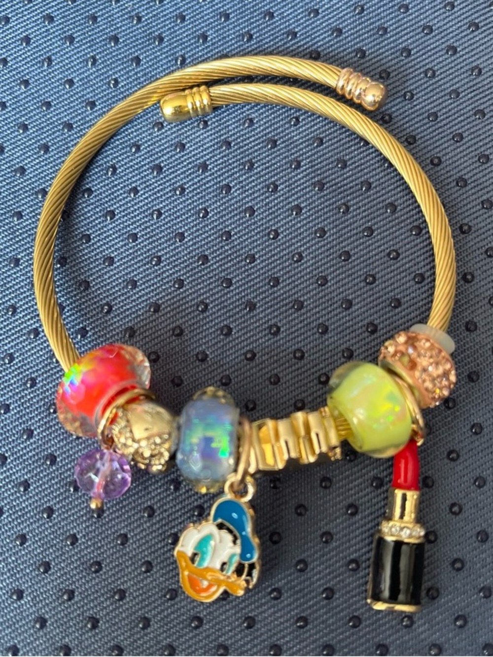 DoGold-Tone Charm Bangle Bracelet with Colorful Glass Beads and Donald Duck